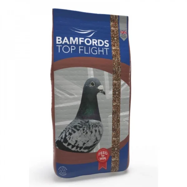 A bag of pigeon mixed corn with basic winter economy high all rounder protein pigeon maintenance mix inside, the bag has a racing pigeon on the front.