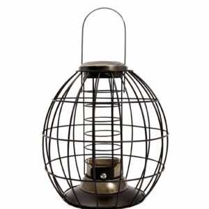 A fat ball feeder surrounded by a cage to deter squirrels. The feeder is in black and antique gold brass colours.