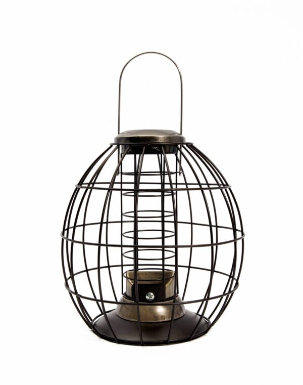 A fat ball feeder surrounded by a cage to deter squirrels. The feeder is in black and antique gold brass colours.