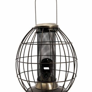 A black and brushed gold robust peanut feeder that is squirrel proof.