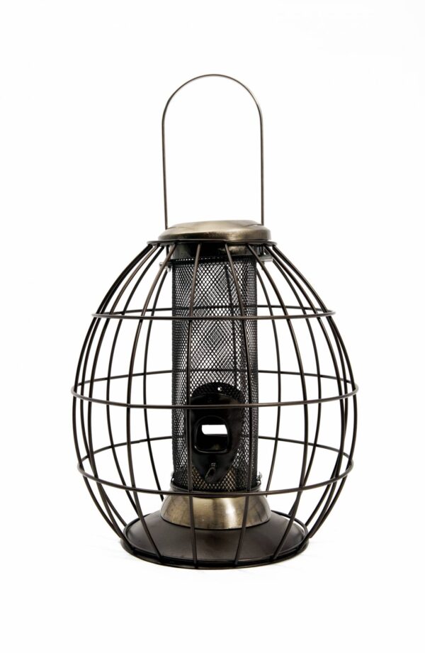 A black and brushed gold robust peanut feeder that is squirrel proof.