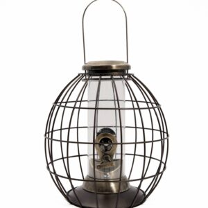 elegantly crafted brushed antique gold and black coloured squirrel proof bird seed feeder