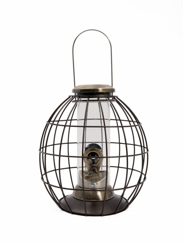 elegantly crafted brushed antique gold and black coloured squirrel proof bird seed feeder